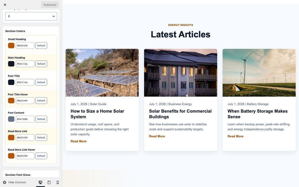 Customizer Blog section colors