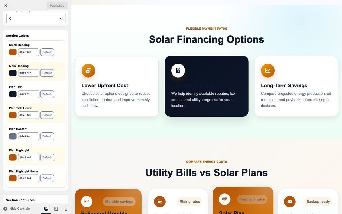 Customizer Financing section colors