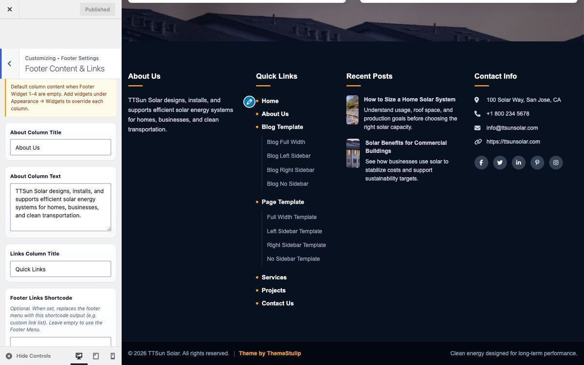 Customizer footer settings with preview