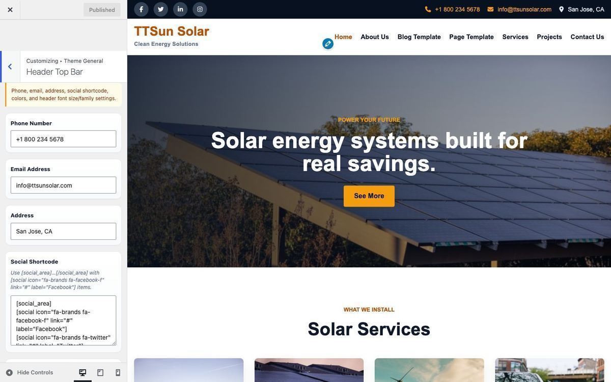 Customizer header top bar with preview