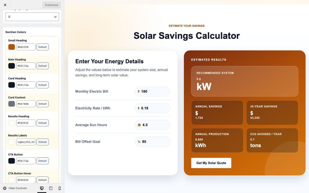 Customizer Savings section colors