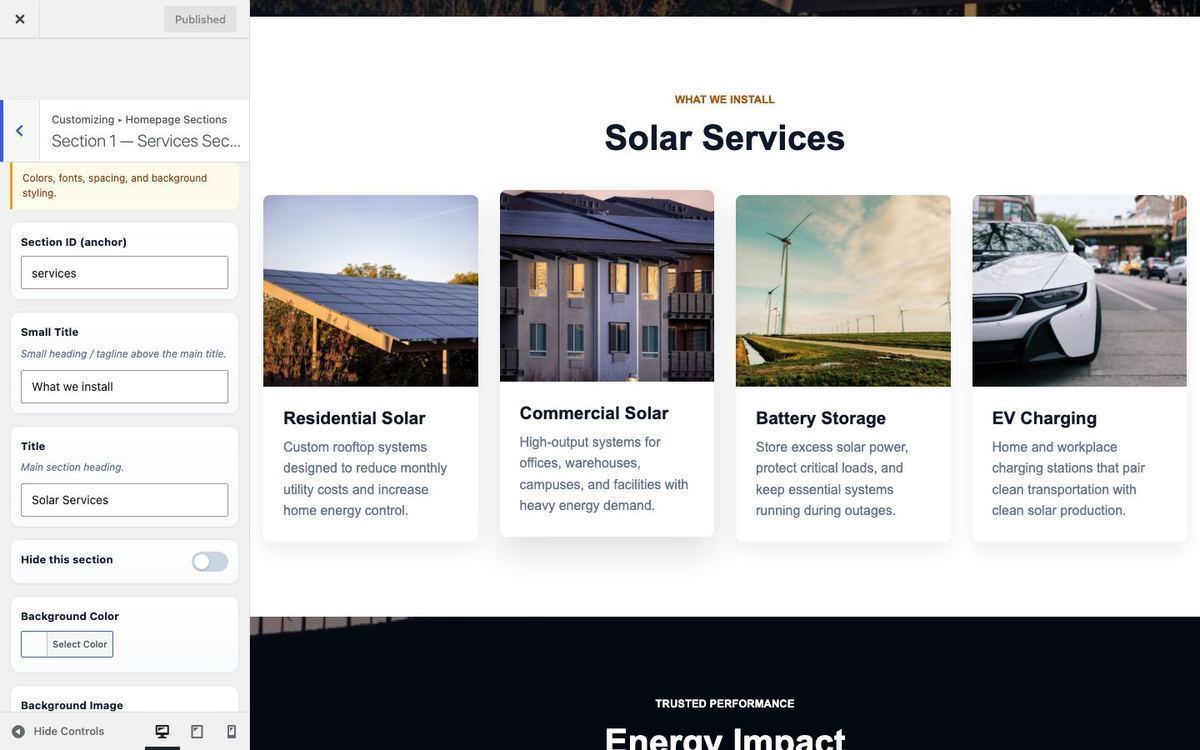 Customizer homepage section with preview focused