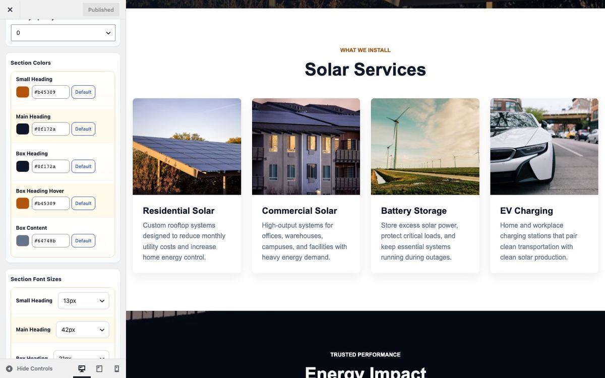 Customizer Services section colors