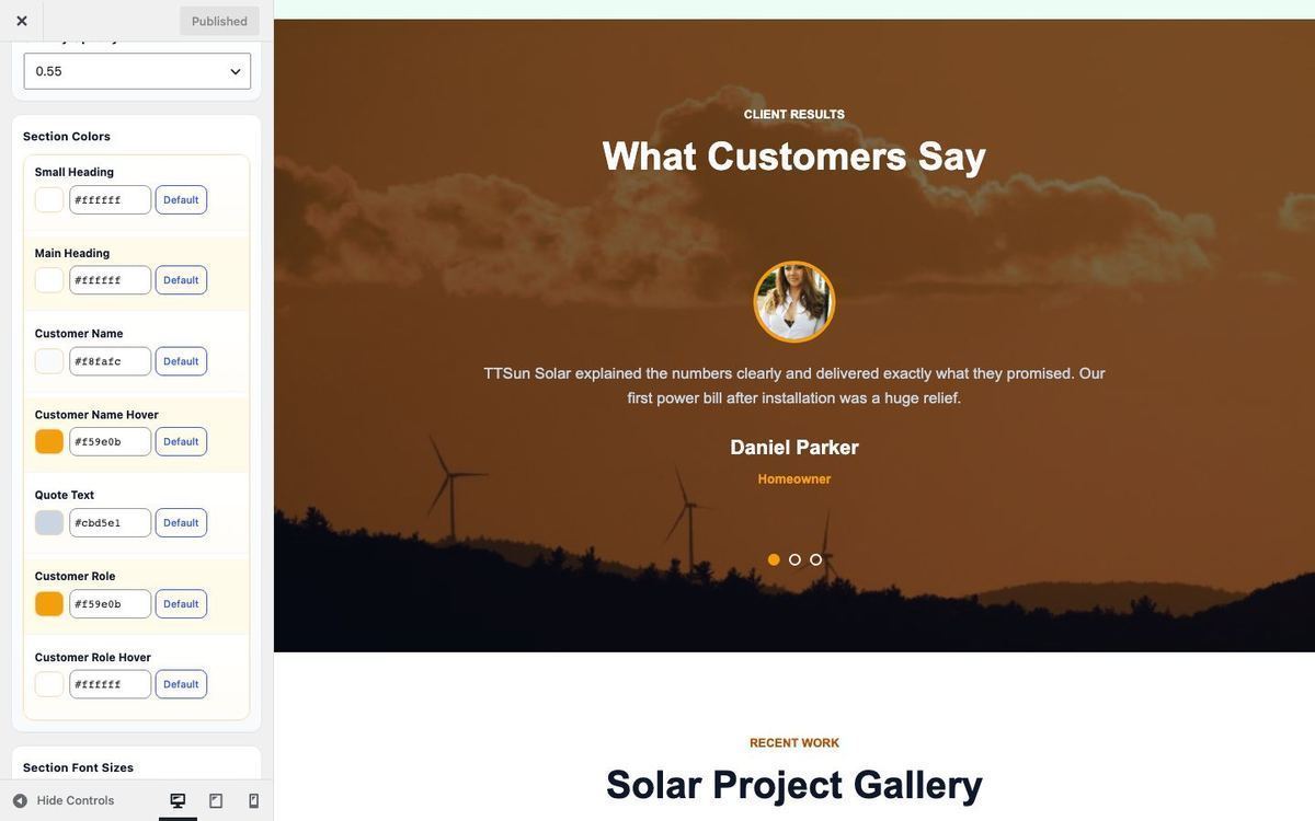 Customizer Testimonials section colors
