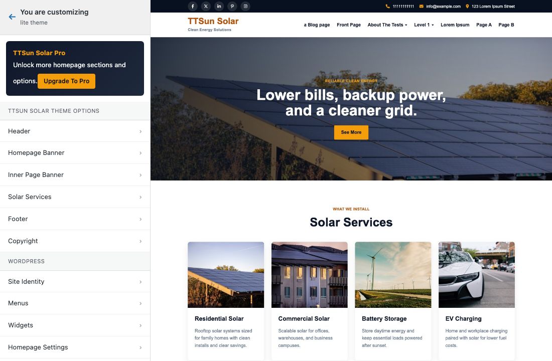 Customizer overview — TTSun Solar Theme Options