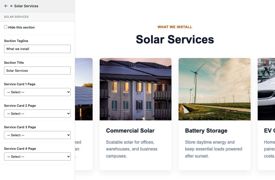Customizer Solar Services settings