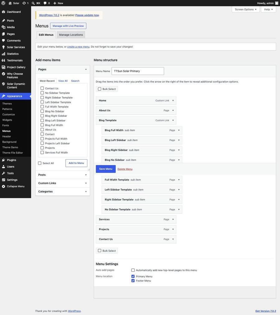WordPress Menus screen