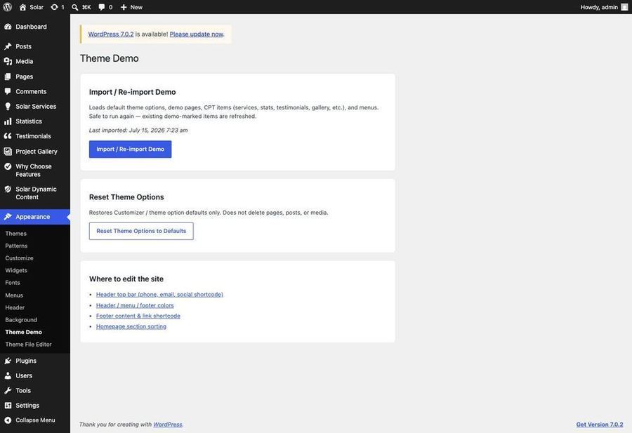 Theme Demo admin screen