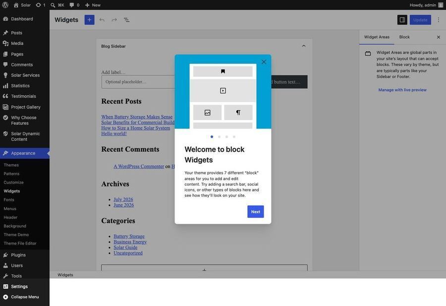 Widgets admin screen